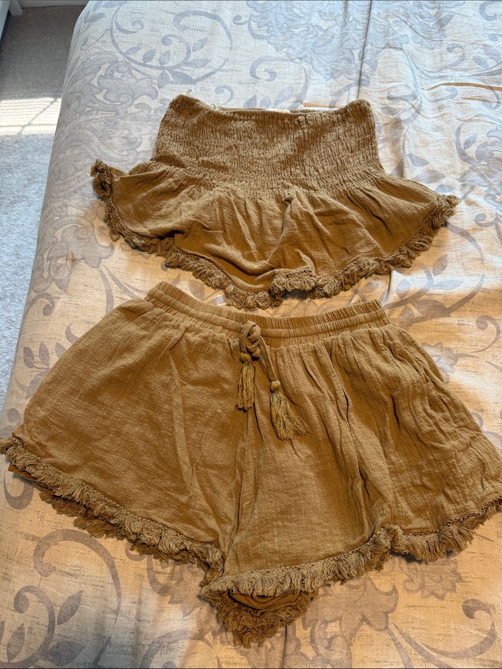 Mustard Seed Brown Tassel Fringe Two-Piece Shorts Set
